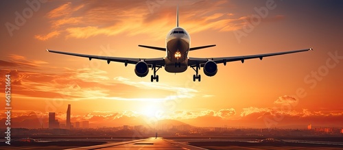 A plane descends during sunset after taking off