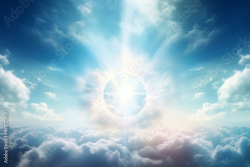 Peace symbol emerging from clouds with sunlight. Generative AI