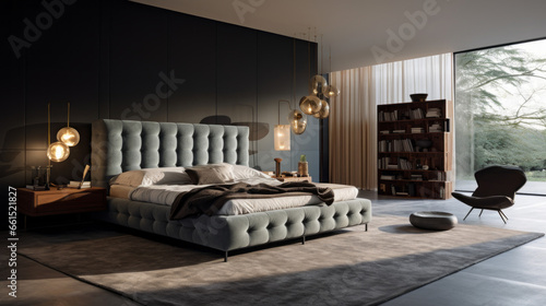 Bedroom with a tufted headboard and a shag rug and a velvet armchair