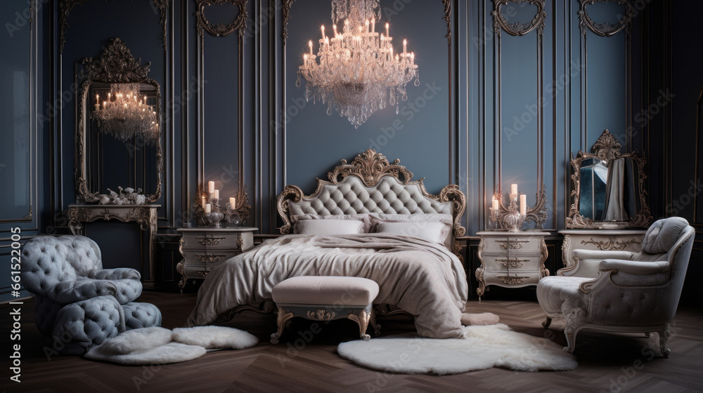 Bedroom with a tufted headboard and a chaise lounge and a crystal chandelier Bedroom with a tufted headboard and a chaise lounge and a crystal chandelier