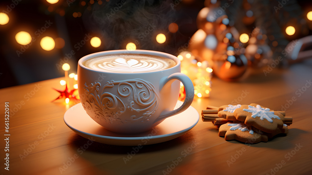 A cup hot latte on table, gingerbread cookies. Generative AI
