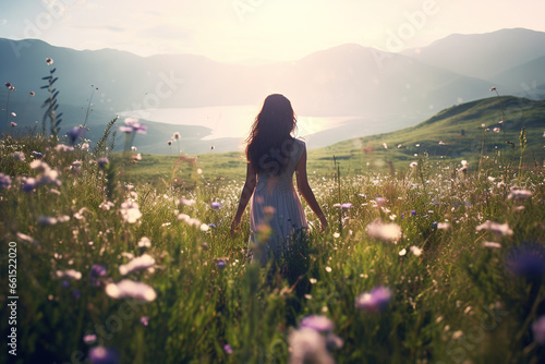 A person stands in the Mountain meadows dotted with wildflowers,It brings about a sense of calm, rejuvenation photo