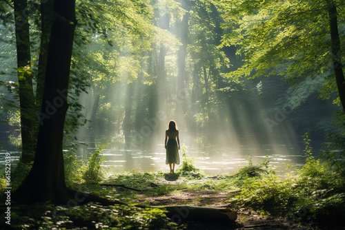 A person stands Receive power from nature in a tranquil forest glade.It brings about a sense of calm and rejuvenation