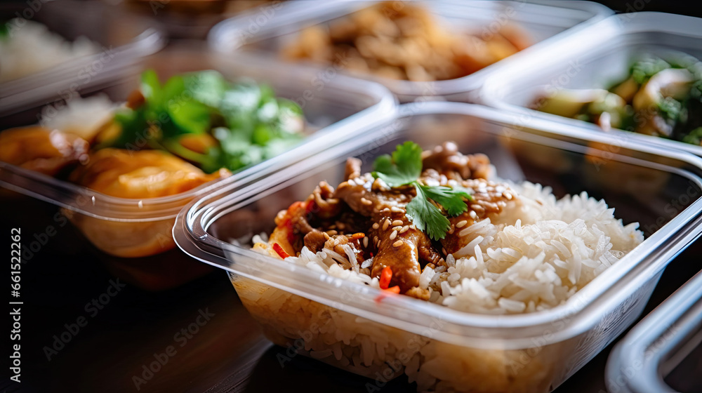 Boxed lunch, Modern thai food lunch boxes in plastic packages. - obrazy, fototapety, plakaty 