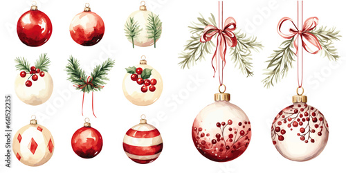 Fototapeta set of Christmas balls Cherry Red and Soft Beige watercolor vectors
