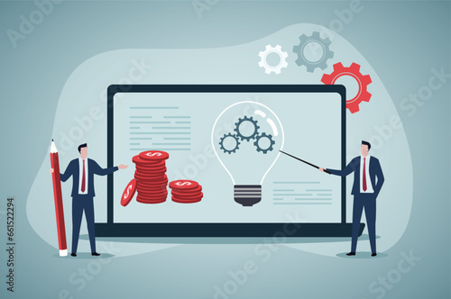 Big laptop and tiny business people studying financial literacy, learning about investment flat vector illustration. Finances, online education, startup concept for banner
