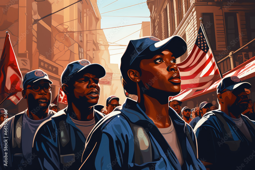 Obraz premium Vector Illustration of Blue Collar Workers Protesting, Generative AI