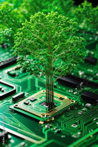 Tree growing on the converging point of computer circuit board. Green computing, Green technology, Green IT, CSR, and IT ethics. Concept of green technology. Environment green technology. High quality © anthony