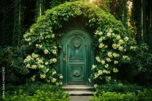 Serene Door green garden. Nature stone old. Generate Ai