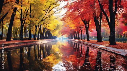 Canvas Print Realistic painting of an autumn scene featuring a tree-lined boulevard with leav