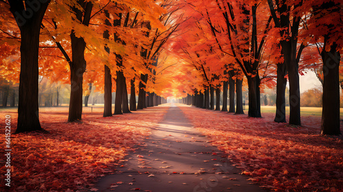 Print op canvas Realistic painting of an autumn scene featuring a tree-lined boulevard with leav
