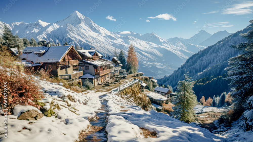 Fototapeta premium Winter in Swiss Rural Landscapes Transforms them into a Serene Wonderland where Snow Blankets Valleys and Mountains alike Wallpaper Background Digital Art Cover Poster