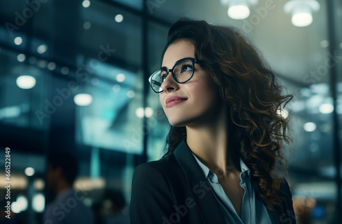 Professional Caucasian American European businesswoman stands confidently in front of modern office, showcasing her smart cool demeanor blur background. Generative AI.