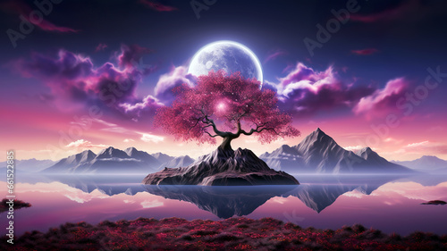 A lone tree blooming with pink flowers on the island, the rising moon and pink clouds with a mountain range in the background. Vitality concept. Background, wallpaper and copy space. AI generated.