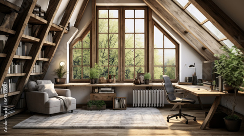 cozy attic space features exposed wooden beams and plush carpets A comfortable armchair sits beside a large window and a corner desk is tucked away in the corner © Textures & Patterns