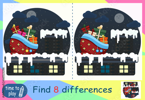 children's educational game. logic game. coloring book. find the difference. New Year. New Year's bag