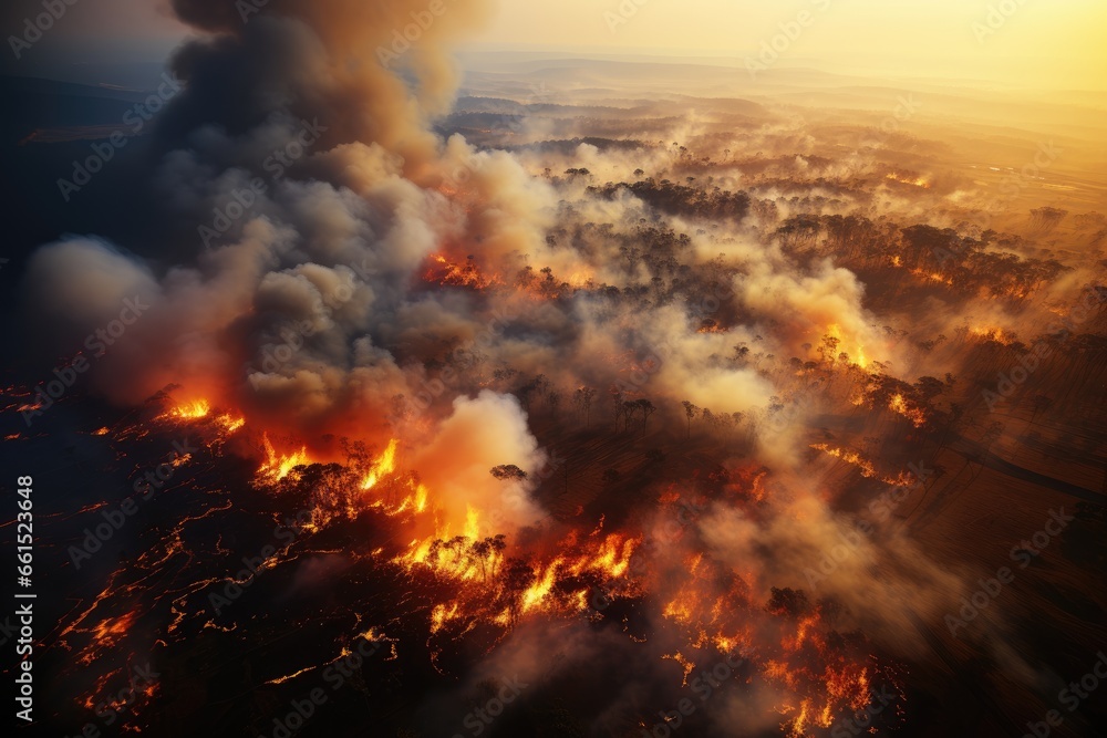 A stark image of a forest ravaged by a wildfire. Shown from a drone perspective charred trees and blackened earth dominate the landscape, portraying the devastating natural disaster.