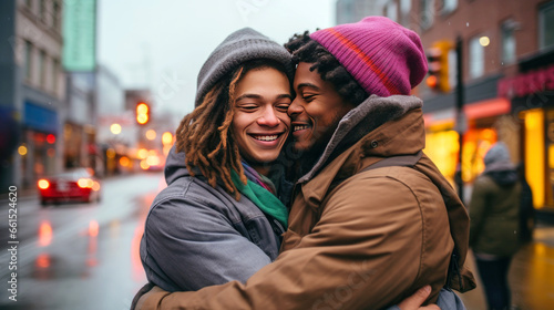 Valentine's Day concept. Couple of two men hugging on the street smiling with a lot of love.