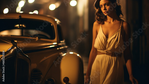 夜に彷徨う美女と車-A beautiful woman and a car wandering at night Generative AI