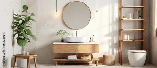 Contemporary bathroom with marble wall wooden furniture glass and toilet With copyspace for text