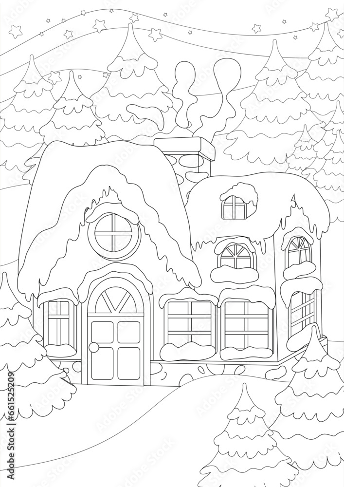 Coloring Pages. Night or evening on the eve of Christmas and a cozy house among fir trees. Christmas trees and the roof are covered with snow. The stars shine brightly in the sky.