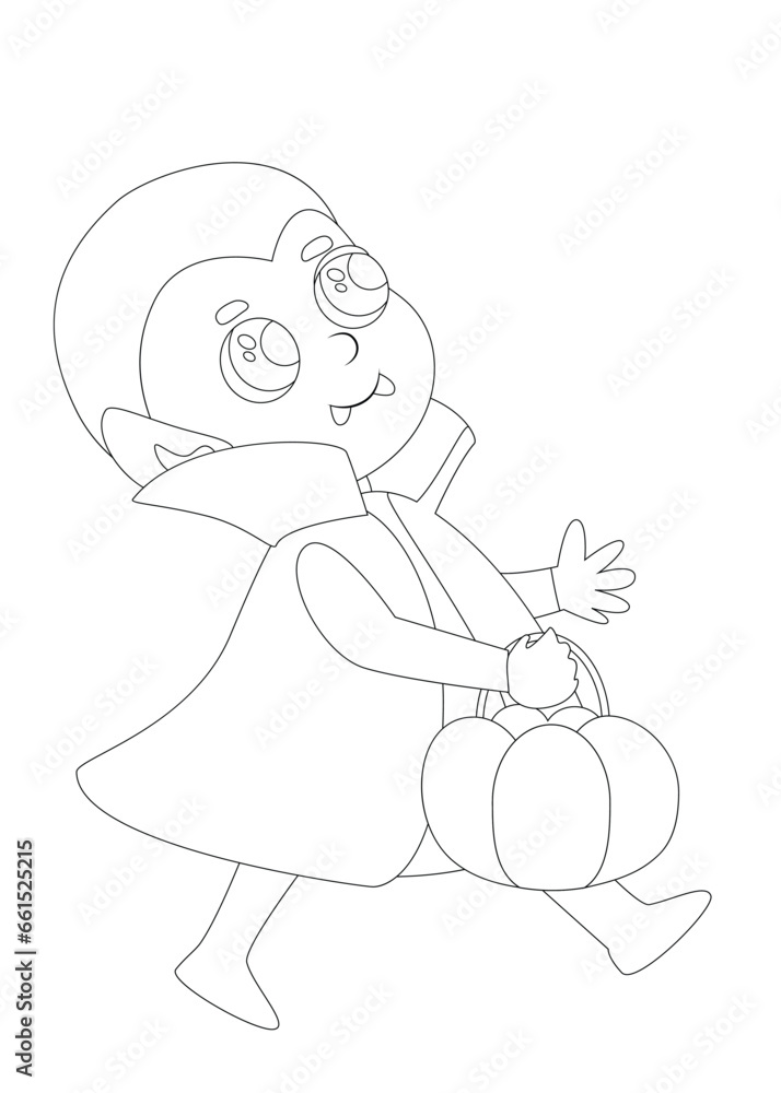 Coloring Pages. A small cute child dressed as a vampire or Count Dracula walks merrily with a candy pumpkin basket. Halloween character in cartoon style for theme design. Coloring Pages. A small cute child dressed as a vampire or Count Dracula walks merrily with a candy pumpkin basket. Halloween character in cartoon style for theme design.