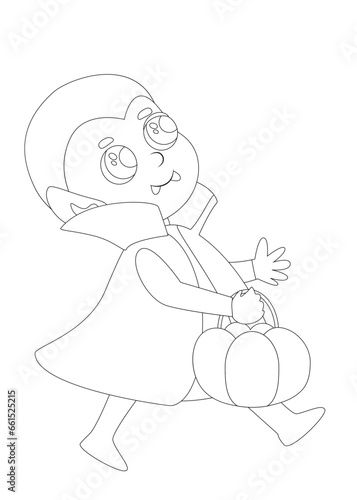 Coloring Pages. A small cute child dressed as a vampire or Count Dracula walks merrily with a candy pumpkin basket. Halloween character in cartoon style for theme design.