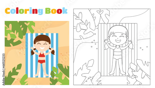 Coloring for children. A girl in a bathing suit lies on a blanket in the sand and sunbathes. Cartoon flat style summer holiday and fun. The child is happy and cheerful.