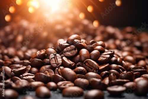 Close up of roasted coffee beans in background of bokeh lights. Abstract concept of drinks and raw materials.
