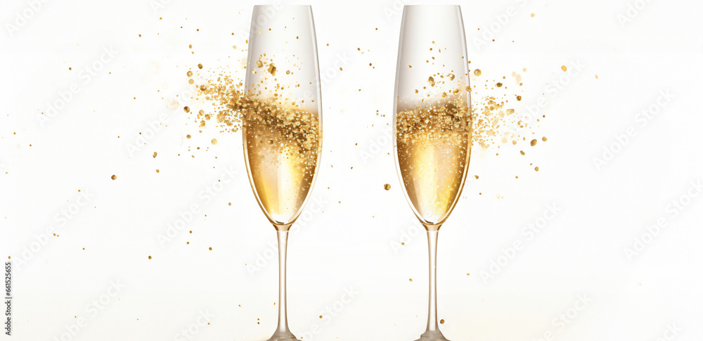 2024 Happy New Year. Champagne glasses illustration. Restaurant glassware. Bubbly in glass. Champagne glasses, fizzy champaign in goblet. Holiday golden glitter confetti. 2024 New Year 2024 Happy New Year. Champagne glasses illustration. Restaurant glassware. Bubbly in glass. Champagne glasses, fizzy champaign in goblet. Holiday golden glitter confetti. 2024 New Year