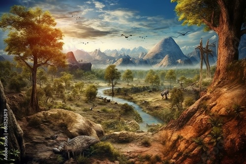 Prehistoric landscape during the Carboniferous period. Generative AI photo