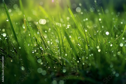 Glistening dew on lush spring grass. Refreshing. Generative AI