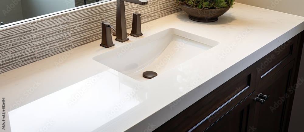 Fototapeta premium Quartz countertop on bathroom vanity sink With copyspace for text