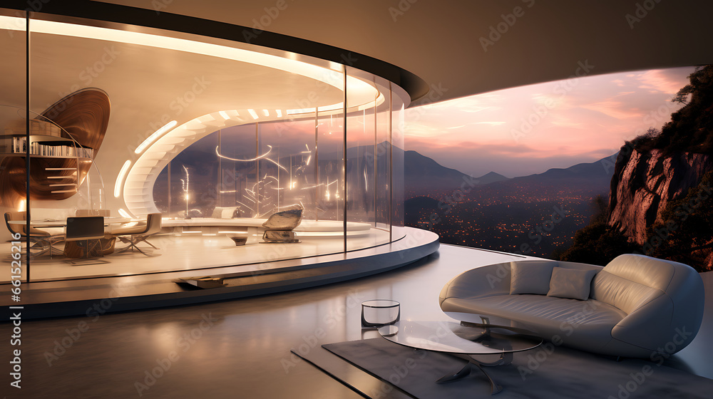 Immerse yourself in a futuristic home of the future, where sleek minimalism, smart technology, and sustainable design seamlessly merge to create a cutting-edge living space, a vision of tomorrow's res