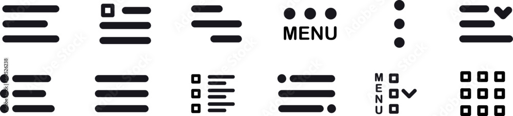 Set of black menu buttons for website UI navigation. Hamburger web and mobile app menu icons. Burger menu UI design elements button. Set of modern navigation buttons or Web menu and ui icons set Set of black menu buttons for website UI navigation. Hamburger web and mobile app menu icons. Burger menu UI design elements button. Set of modern navigation buttons or Web menu and ui icons set