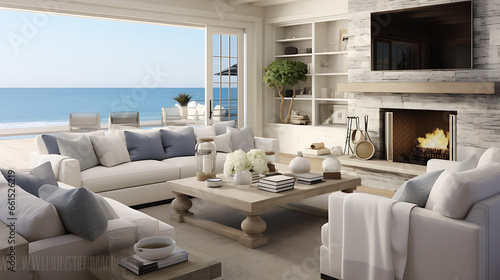 Discover a serene coastal retreat with an open-concept beach house. White-washed walls, natural textures, and panoramic ocean views create an atmosphere of tranquility and coastal elegance, perfect fo
