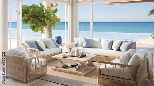 Discover a serene coastal retreat with an open-concept beach house. White-washed walls, natural textures, and panoramic ocean views create an atmosphere of tranquility and coastal elegance, perfect fo © Alin