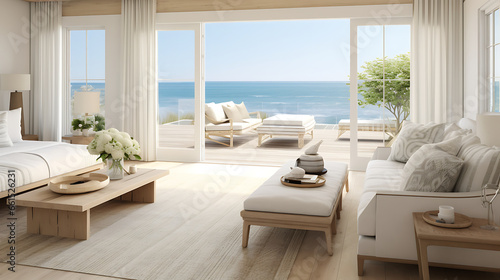 Discover a serene coastal retreat with an open-concept beach house. White-washed walls, natural textures, and panoramic ocean views create an atmosphere of tranquility and coastal elegance, perfect fo © Alin