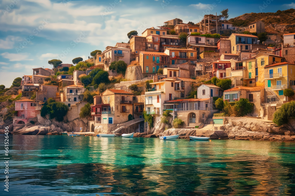 A view of a Mediterranean town from the sea. Created with Generative AI.