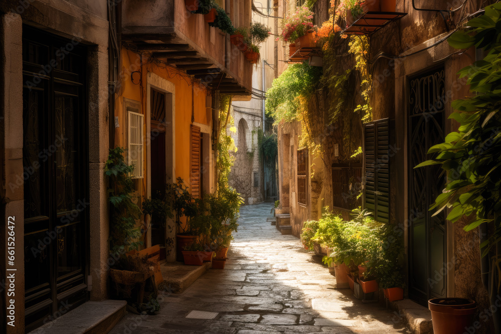 A tight alleyway in a Mediterranean style town with houses on both sides. Created with Generative AI.