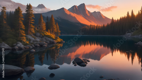 Tranquil Mountain Lake at Sunset with Reflecting Pine Trees and Rocky Shores, Generative AI