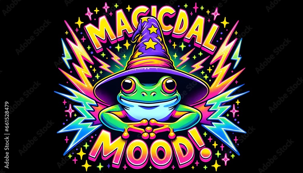  Illustration of a vibrant meme with a frog in a wizard hat