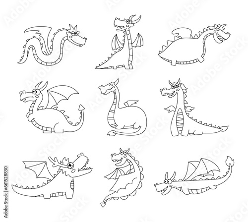 Happy funny dragon. Coloring Page. Cute character. Fairytale monsters. Hand drawn style. Vector drawing. Collection of design elements.