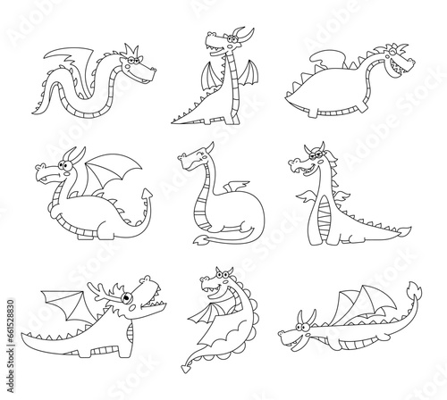 Happy funny dragon. Coloring Page. Cute character. Fairytale monsters. Hand drawn style. Vector drawing. Collection of design elements.