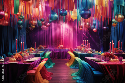 A brilliantly set dining arrangement, aglow with vivid neon shades, creating a lively atmosphere for commemorating special occasions and festivities
