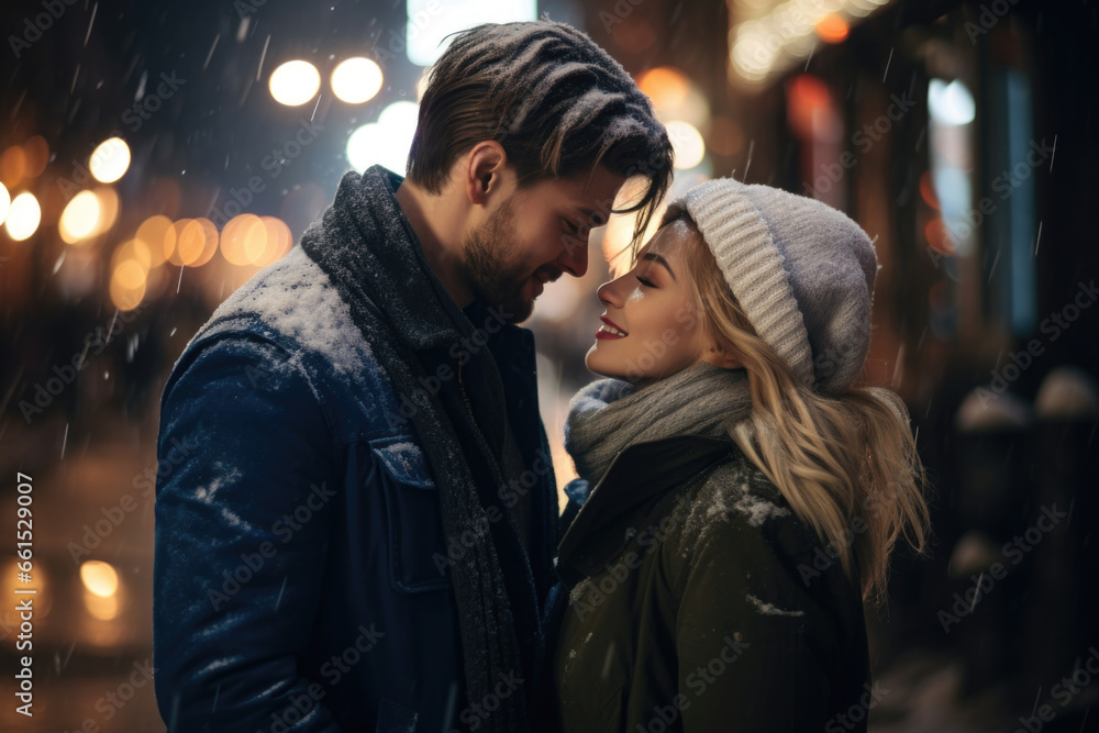 In the midst of a winter's evening, a loving pair cuddles, their connection evident against the city's nocturnal panorama, radiating warmth amidst the cold