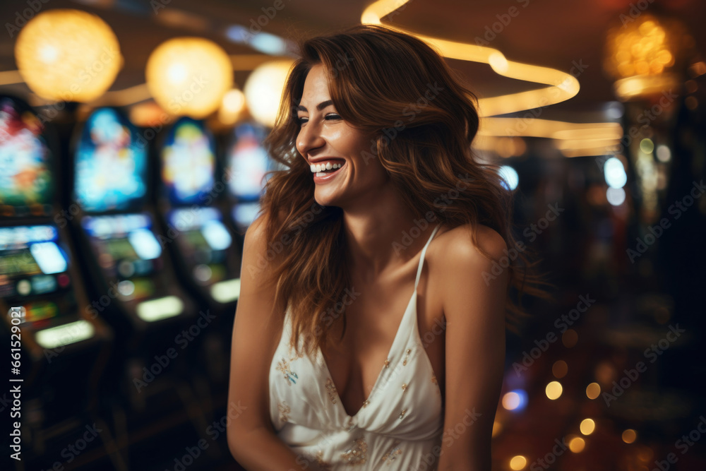 Happy woman smiling in a casino. the joy of winning at gambling