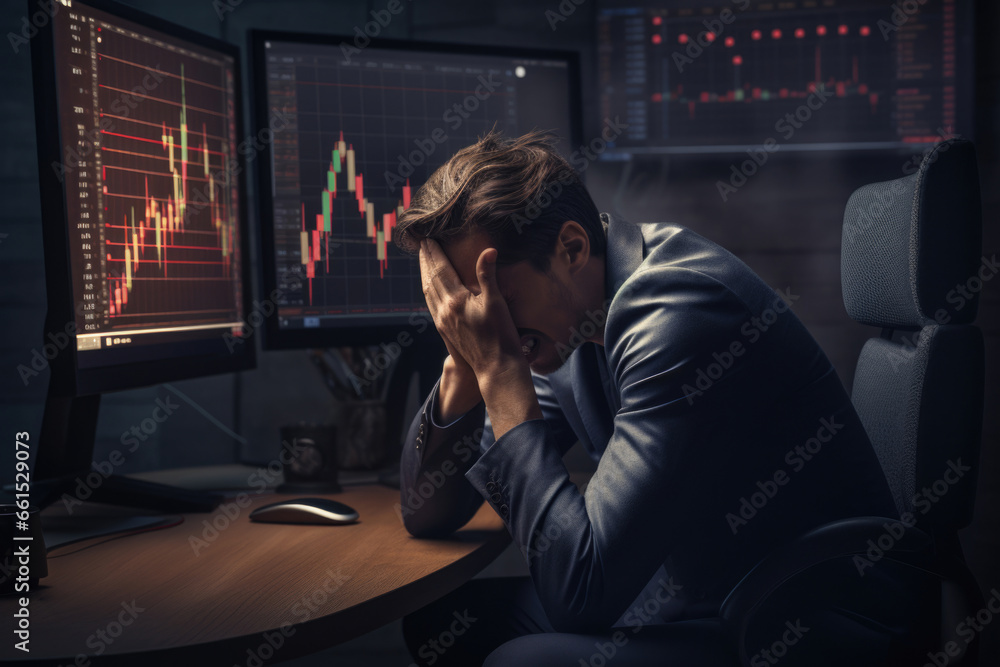 A disappointed cryptocurrency investor stares at plummeting charts, reflecting his despair amidst a bearish market, emphasizing the challenges of financial trading