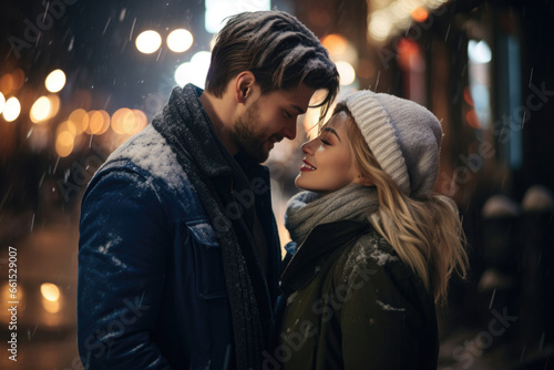 In the midst of a winter s evening  a loving pair cuddles  their connection evident against the city s nocturnal panorama  radiating warmth amidst the cold