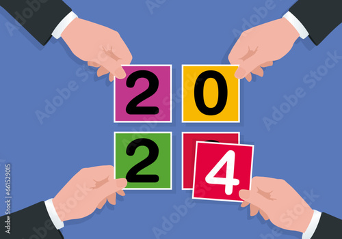 Carte de vœux sous le signe du partenariat et de l’union des compétences, avec le symbole de 4 mains tenant des carrés de couleurs pour former le chiffre 2024.